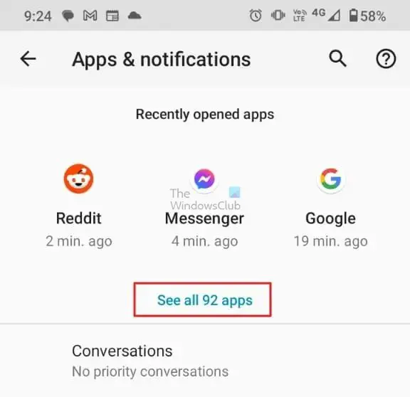 Choisissez Voir toutes les applications sur les paramètres de l'application Android