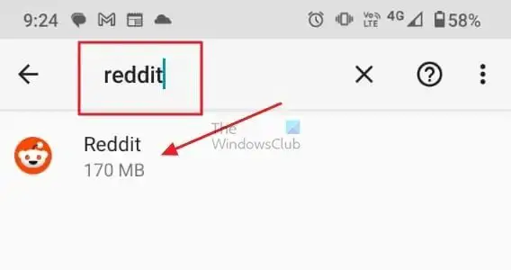 Recherchez l'application Reddit dans les paramètres de l'application Android