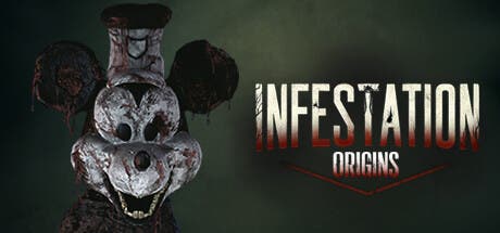 Illustration d'Infestation : Origins montrant un gros plan d'un méchant ressemblant à Mickey Mouse avec le nouveau nom du jeu sur un côté.