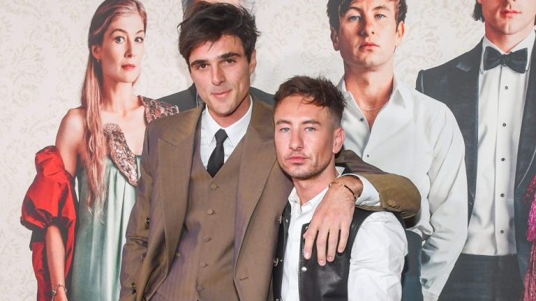 Jacob Elordi and Barry Keoghan at the premiere of "Saltburn" held at Hollywood Forever Cemetery on November 14, 2023 in Los Angeles, California.