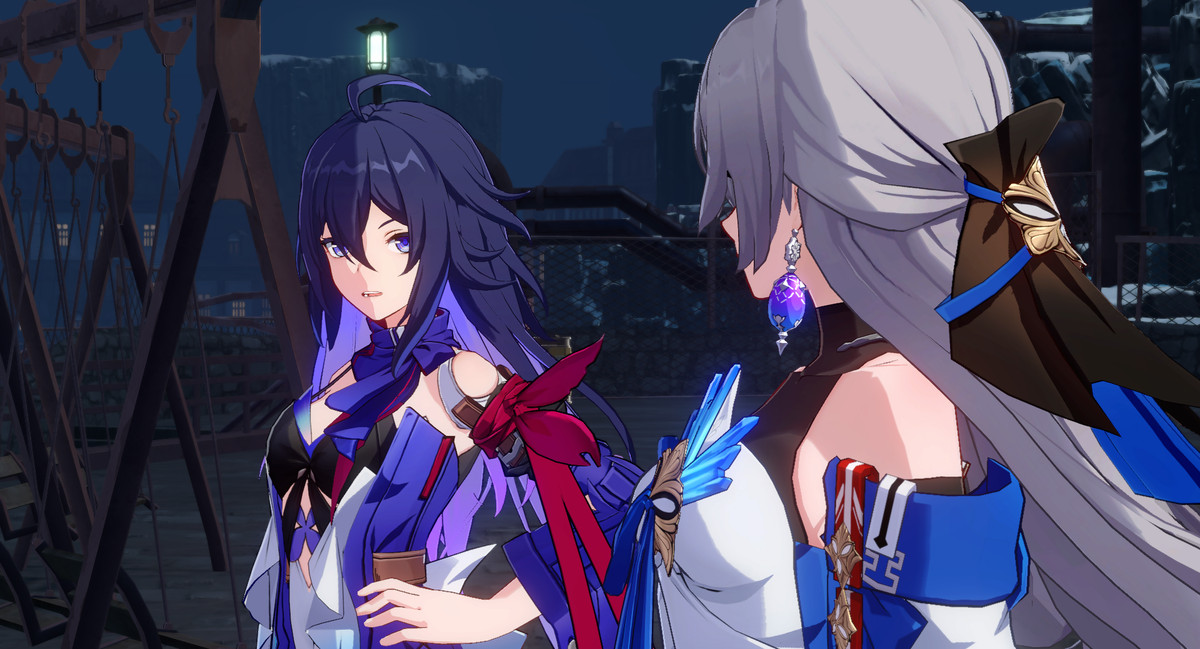 Une image de Bronya et Seele parlant dans Honkai : Star Rail.  Seele regarde Bronya pendant qu'elle parle.