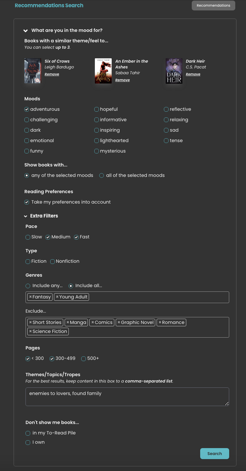 Une capture d'écran de la fonction de recommandations de StoryGraphs, montrant une recherche de livres fantastiques pour jeunes adultes aventureux, au rythme moyen ou rapide avec des ennemis aux amoureux et des tropes familiaux trouvés.