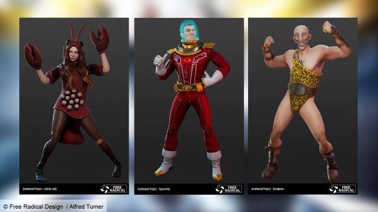 Trois personnages de TimeSplitters, une femme homard, un astronaute et un homme fort. 