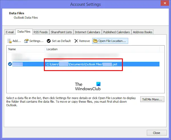 Emplacement du fichier Outlook PST