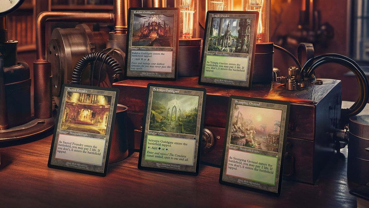 Magic: The Gathering promotional image - five cards on a retro-Steampunk background (detail)