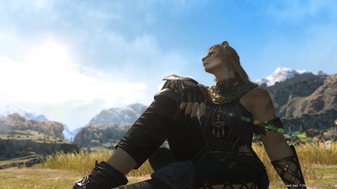 Capture d'écran de la femme Hrothgar posant au sol dans FF14