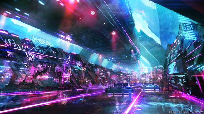 Art conceptuel de la ville cyberpunk Solution Nine de FF14 Dawntrail