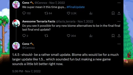 Terraria 1.4.5 - Whitney 'Cenx' Spinks, vice-président de Re-Logic, publie, "La 1.4.5 devrait être une mise à jour plutôt petite.  Les modifications du biome seraient destinées à une mise à jour beaucoup plus importante comme la 1.5... Ce qui semblait amusant, mais créer un nouveau jeu semble un peu meilleur en ce moment."