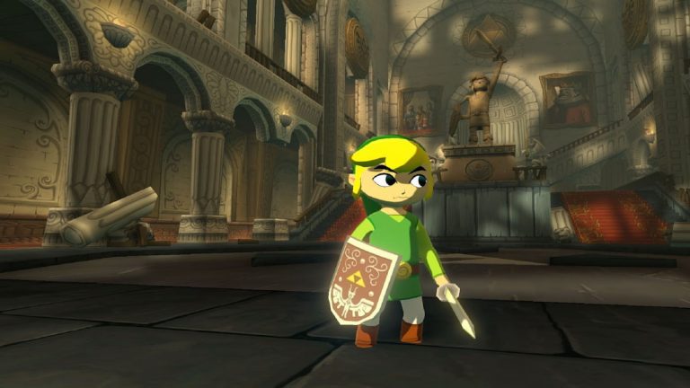 Zelda game Wind Waker with Link holding shield and Sword