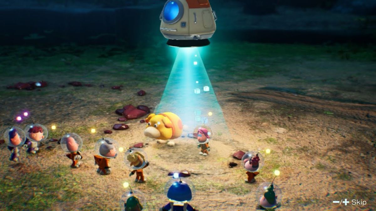 L'astronaute et Oatchi sont accueillis la nuit par une foule d'autres explorateurs spatiaux dans Pikmin 4