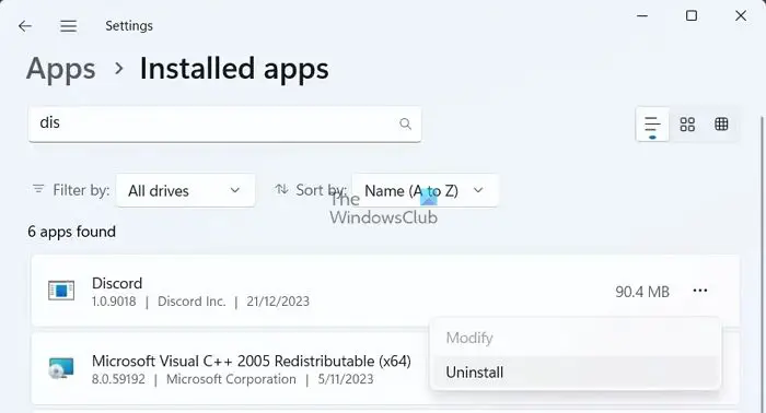 Désinstaller l'application Discord