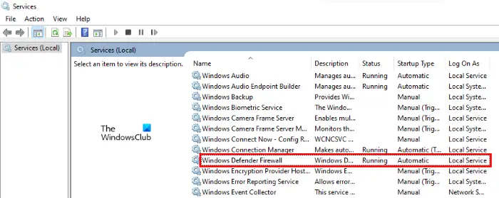 Démarrez le service de pare-feu Windows Defender