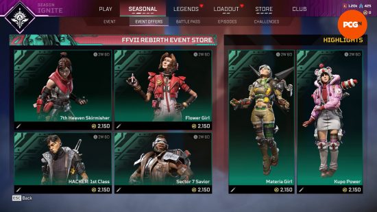 Événement Apex Legends Final Fantasy 7 Rebirth – Six « skins de légende » disponibles à l'achat dans la boutique en jeu pour le jeu gratuit Battle Royale.