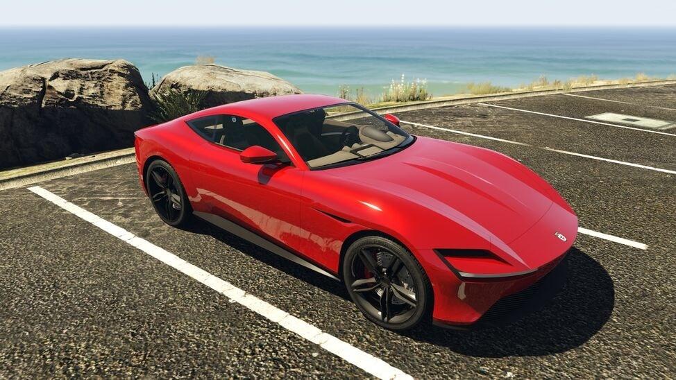 La Grotte Itali GTO Stinger TT dans GTA 5 Online.  Cette image fait partie d'un article sur les voitures les plus rapides de GTA 5, classées par vitesse.