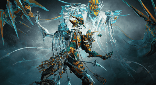 Image of humanoid machine in gold and green armor standing in front of a dragon-like machine in Warframe artwork.