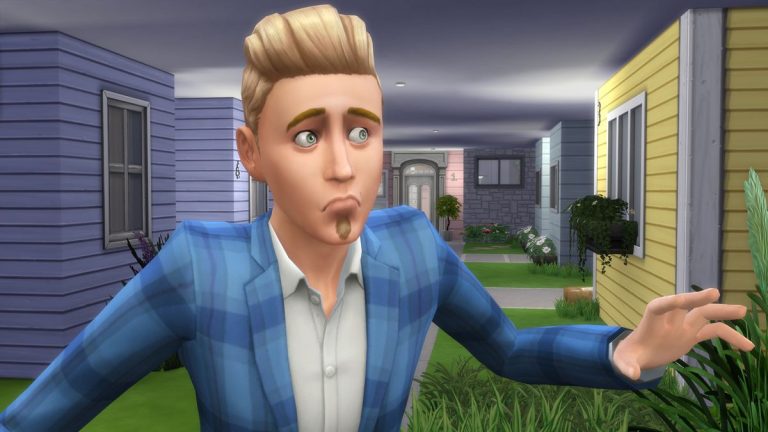 The Sims 4 - a man Sim in a blue suit walks fearfully through an underground city