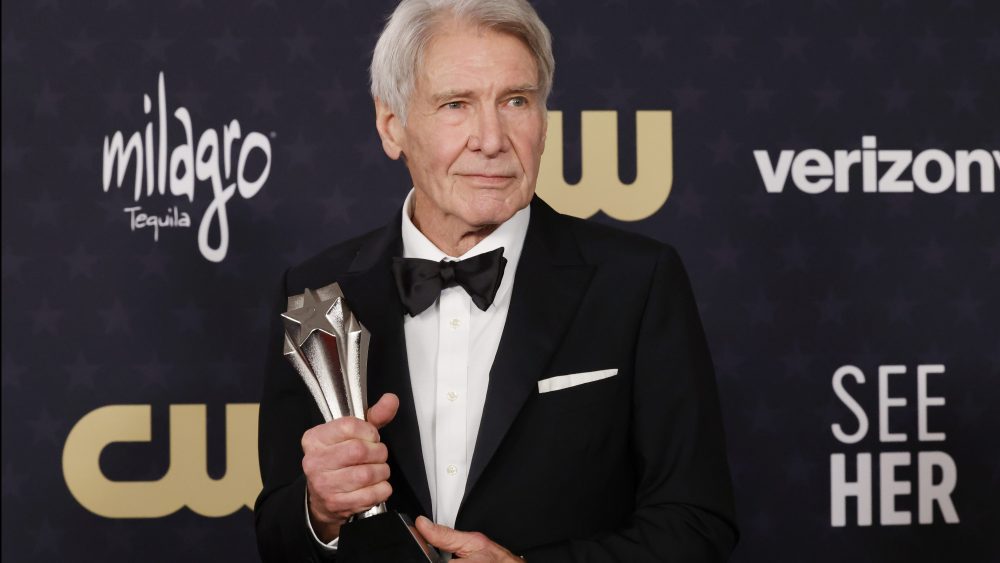 SANTA MONICA, CALIFORNIA - JANUARY 14: Honoree Harrison Ford, recipient of the Career Achievement Award, poses in the press room during the 29th Annual Critics Choice Awards at Barker Hangar on January 14, 2024 in Santa Monica, California. (Photo by Frazer Harrison/Getty Images)