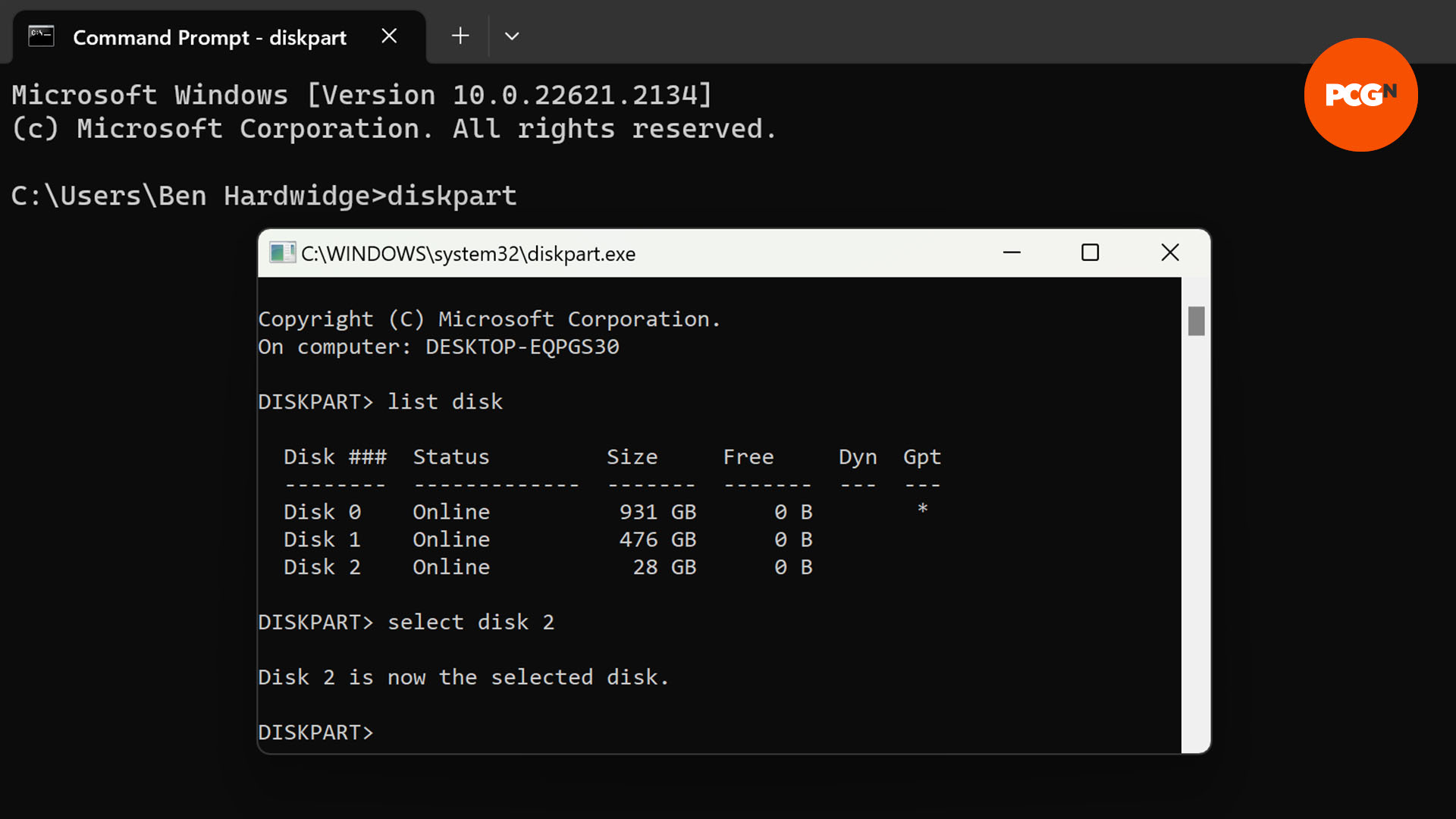 Un utilisateur sélectionne le disque 2 dans diskpart via l'invite de commande