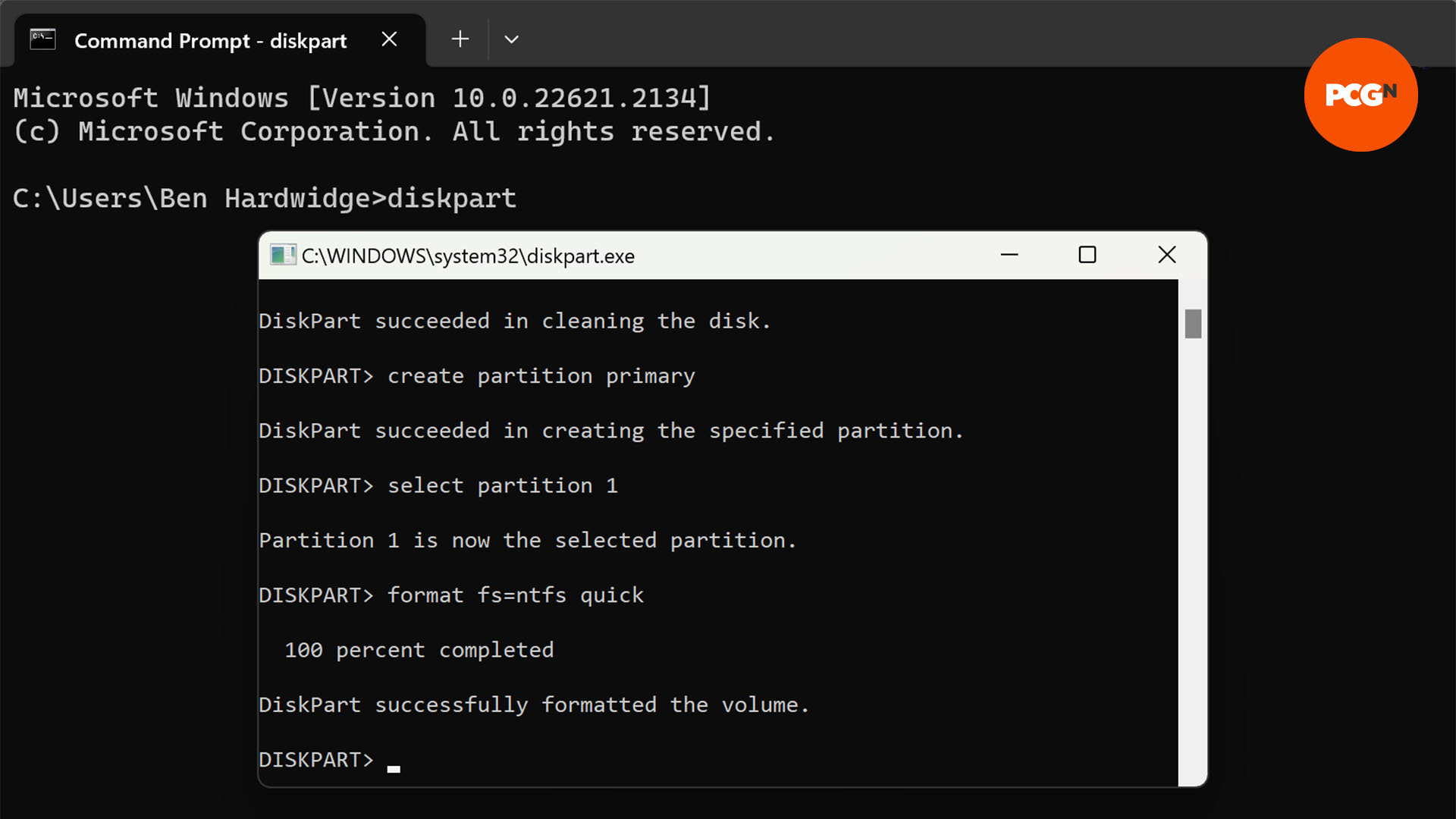 Le disque propre est formaté via diskpart pour une clé USB bootable