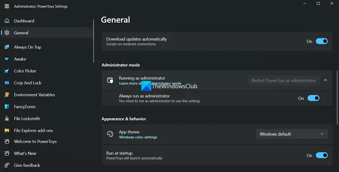 paramètres du mode administrateur sur PowerToys