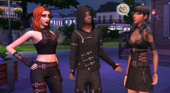 The Sims 4 - Three sims in black clothes and leather stand together chatting