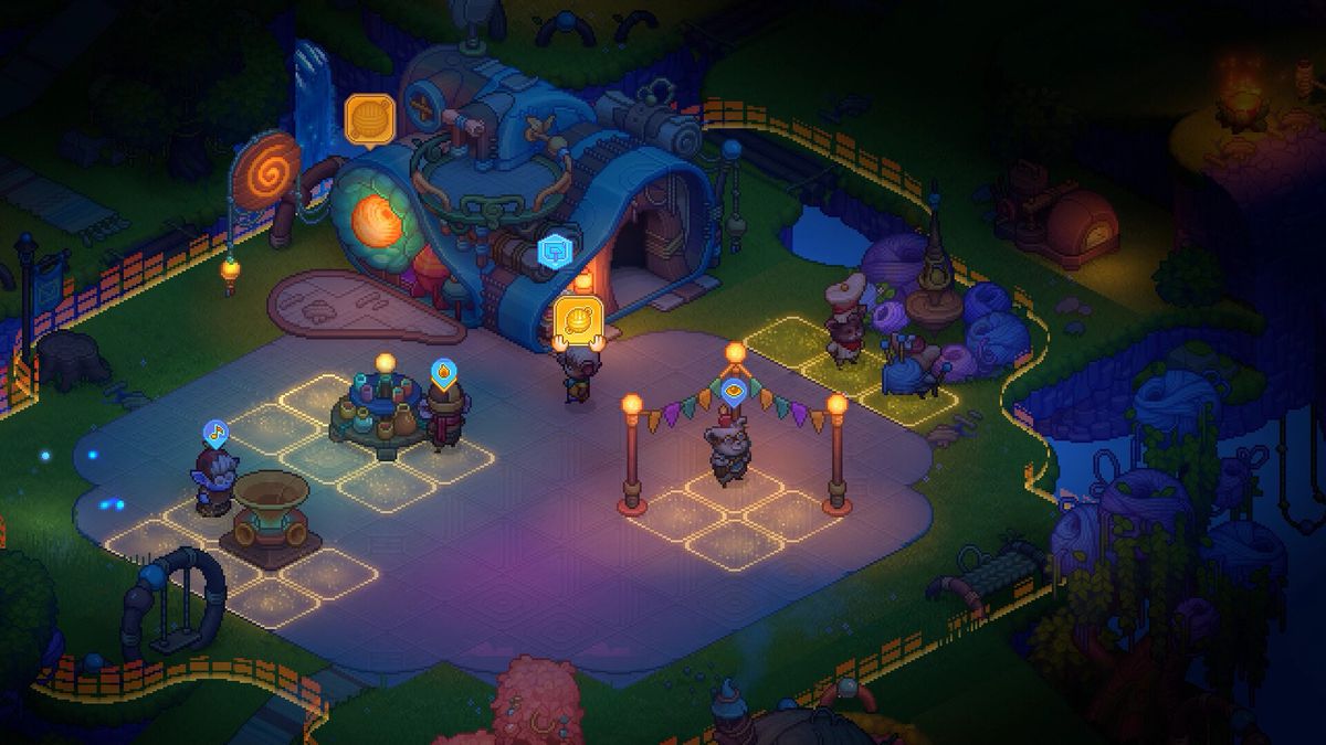 Une place sombre à Bandle City, éclairée par des lampadaires, et des parties du sol ont été bloquées pour une soirée dansante dans Bandle Tale: A League of Legends Story.