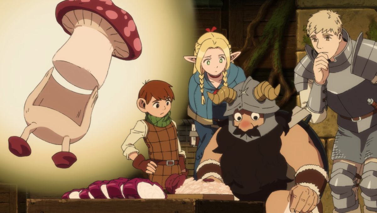 Un groupe d'aventuriers vêtus de diverses tenues et armures disséquant un monstre champignon pour le cuisiner dans Delicious in Dungeon.