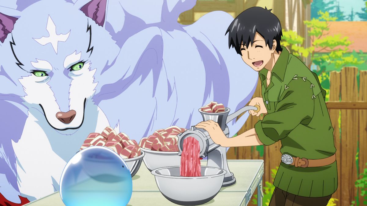 Une grande créature ressemblant à un loup bleu se tient à côté d'un homme souriant en train de nourrir de la viande dans un hachoir à viande dans Campfire Cooking in Another World with My Absurd Skill.