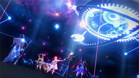 Codes Honkai Star Rail : un groupe de sorciers colorés lèvent leur bâton vers le ciel.