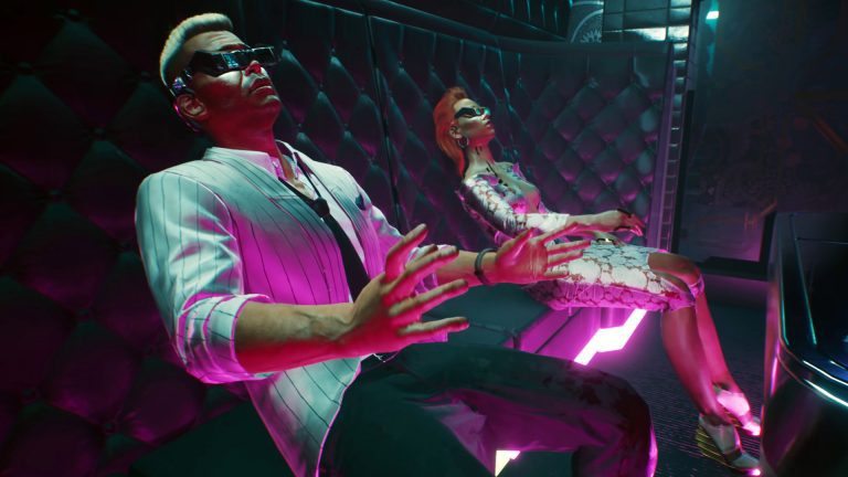 Two people experiencing a Braindance in Cyberpunk 2077