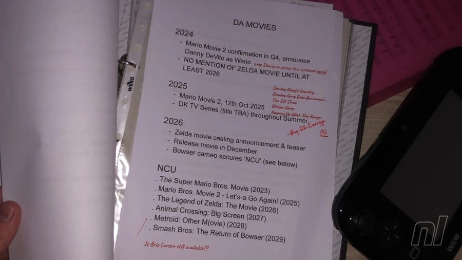 Plans secrets Nintendo - "DA MOVIES 2024 Confirmation de Mario Movie 2 au quatrième trimestre, annonce Danny DeVito dans le rôle de Wario AUCUNE MENTION DU FILM ZELDA JUSQU'AU MOINS 2026 2025 Mario Movie 2, 12 octobre 2025 DK TV Series (titre à déterminer) tout au long de l'été 2026 Annonce du casting et teaser du film Zelda Sortie du film en décembre, le camée Bowser sécurise 'NCU' (voir ci-dessous) NCU.  Le film Super Mario Bros. (2023) .  Mario Bros. Movie 2 – C'est reparti !  (2025) .  La Légende de Zelda : Le Film (2026) .  Animal Crossing : Grand écran (2027) .  Metroid : Autre M(ovie) (2028) .  Smash Bros : Le retour de Bowser (2029)"