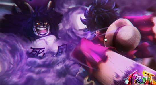 A header image for the Fruit Battlegrounds game in Roblox showing a Luffy knock off fighting a villain.