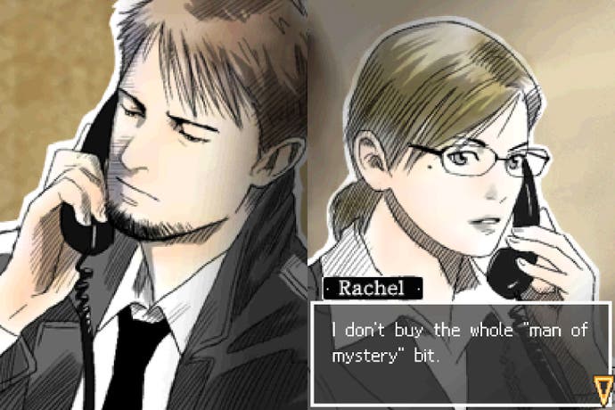 Kyle Hyde est au téléphone avec une femme appelée Rachel sur cet écran de Hotel Dusk