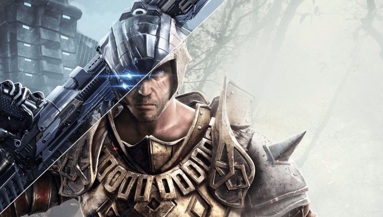 Elex 2 website background image - split image of man wearing sci-fi and fantasy armor