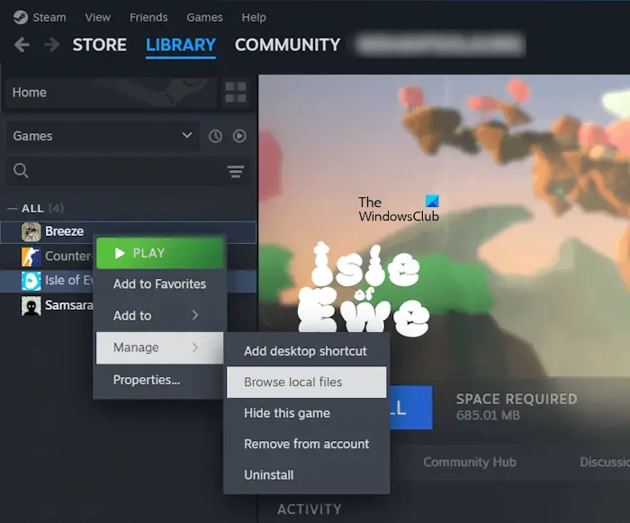 Ouvrir les fichiers locaux du jeu dans Steam