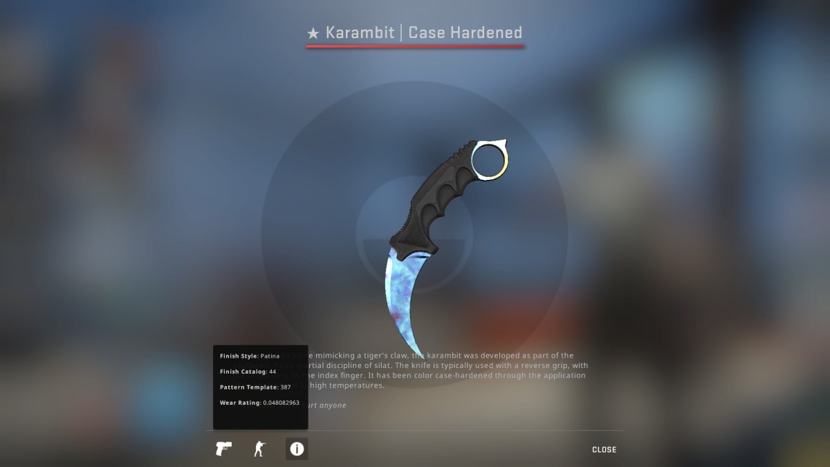 La gemme bleue durcie Karambit dans CS2.  Cette image fait partie d'un article sur les skins les plus chers jamais créés dans Counter-Strike 2 (CS2).