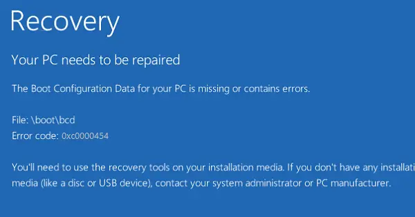 0xc0000454, les données de configuration de démarrage de votre PC sont manquantes ou contiennent des erreurs