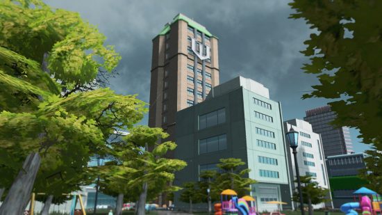 Mods Cities Skylines : un gratte-ciel par une journée maussade.