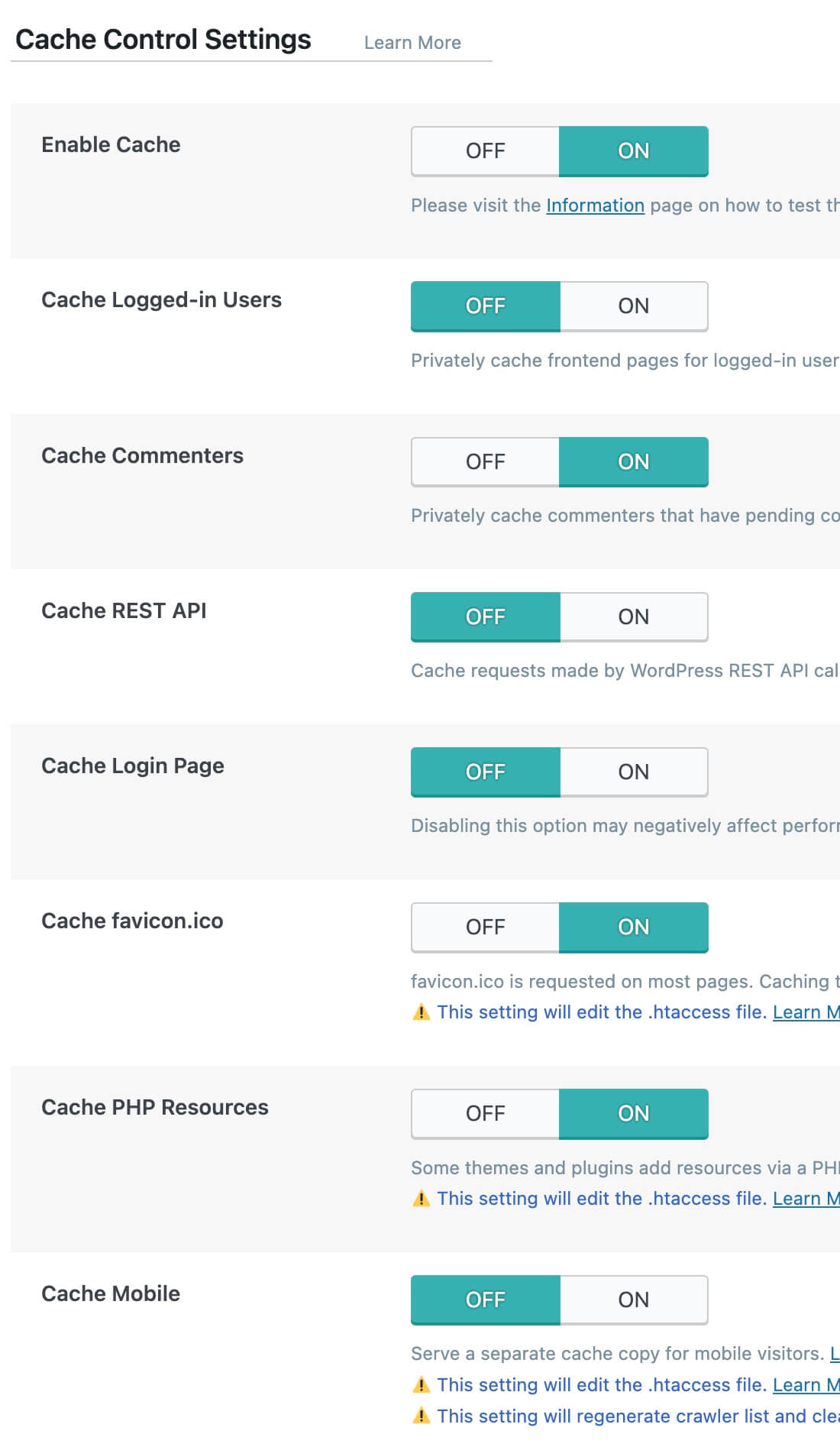 Juste un avant-goût des options qui vous attendent dans le plugin WordPress LiteSpeed ​​Cache.