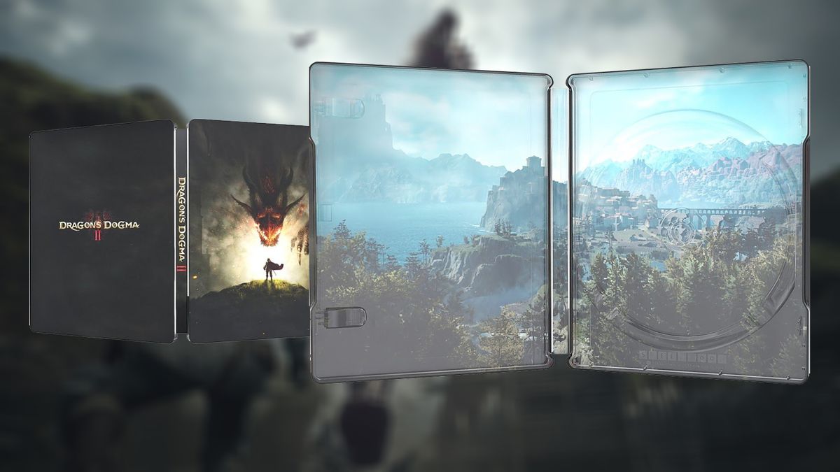 Une image de stock de l'intérieur et de l'extérieur du boîtier Steelbook exclusif à Best Buy pour Dragon's Dogma 2