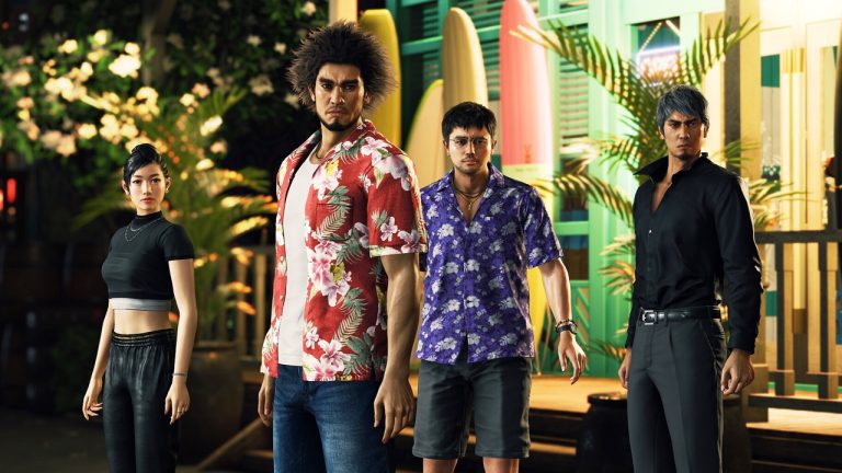 Four characters standing next to each other, two dressed in Hawaiian shirts.