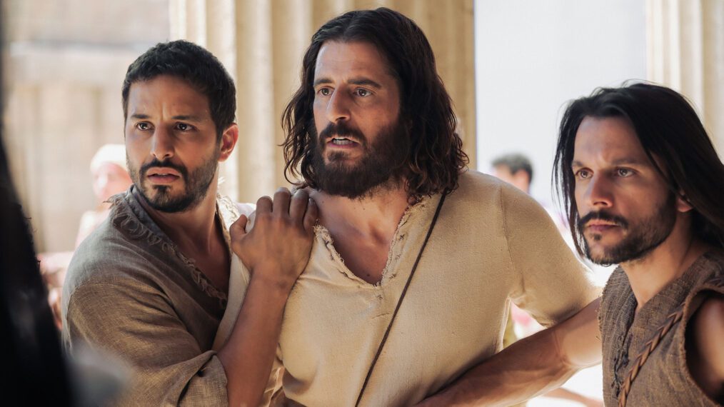 Alaa Safi as Simon the Zealot, Jonathan Roumie as Jesus, and Shahar Isaac as Simon Peter in 