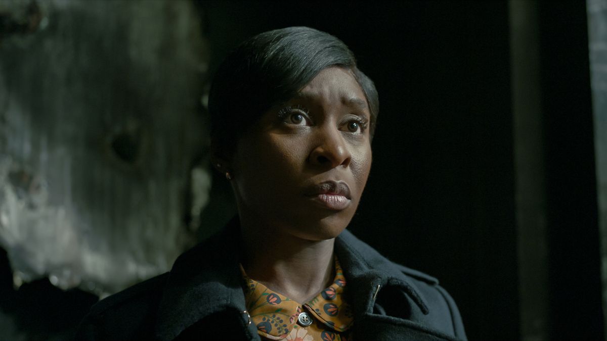 Cynthia Erivo in a concrete room with a look of worry in Luther: The Fallen Sun.