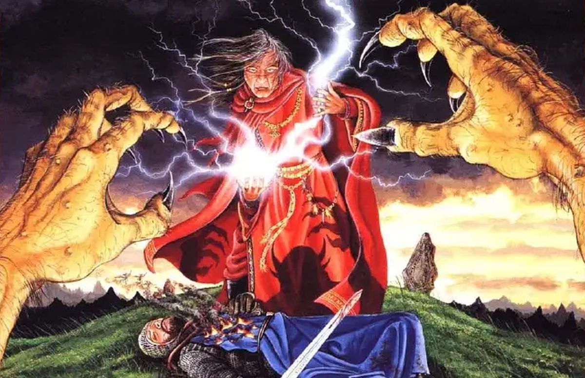 A wizard summons lightning while standing over a fallen warrior