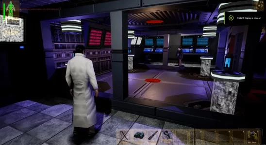 Deus Ex: the inside of a lab, showing a scientist with their back to the camera.