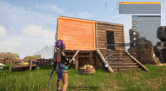 Image of purple-haired girl with a bat standing in front of a wooden house on a hill in Palworld. This image is part of an article about how to move and destroy structures in Palworld.