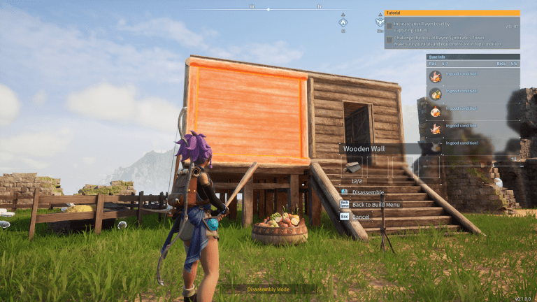 Image of purple-haired girl with a bat standing in front of a wooden house on a hill in Palworld. This image is part of an article about how to move and destroy structures in Palworld.