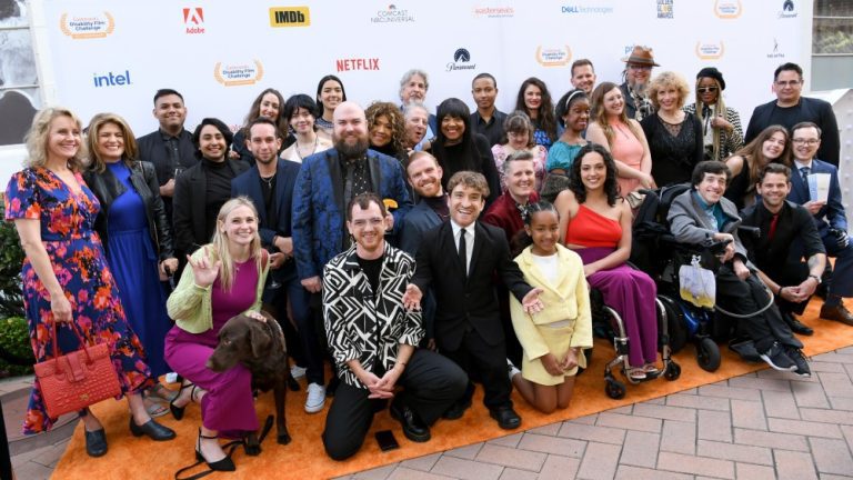 CULVER CITY, CALIFORNIA - MAY 04: (L-R) Eileen Grubba, Mario Fierro, Sebastian Gonzalez, Christine Marshall, Camilo Godoy, Marie Alyse Rodriguez, Layne Apffel, Sophia Morales, Chase Chambers, Brandon Simmoneau, Peter Farrelly, Justin Jackerson, Nic Novicki, Jamie Brewer, Jules Dameron, Mila Kent Davis, Kat Coiro, Diana Elizabeth Jordan, Joci Scott, Cory Reeder, Allison Friedman, Nathan Cox, Valerie Harvey and nominees attend the 10th Annual Easterseals Disability Film Challenge at Sony Pictures Studios on May 04, 2023 in Culver City, California. (Photo by Jon Kopaloff/Getty Images for Easterseals Disability Film Challenge)