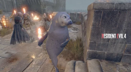 Resident Evil 4 Remake: a harbor seal running away from some of the castle enemies.