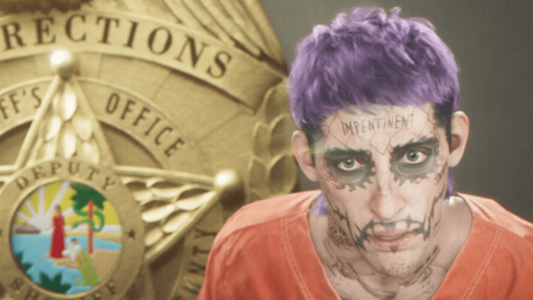 A man with purple hair and face tattoos poses for a mugshot in the GTA 6 trailer.